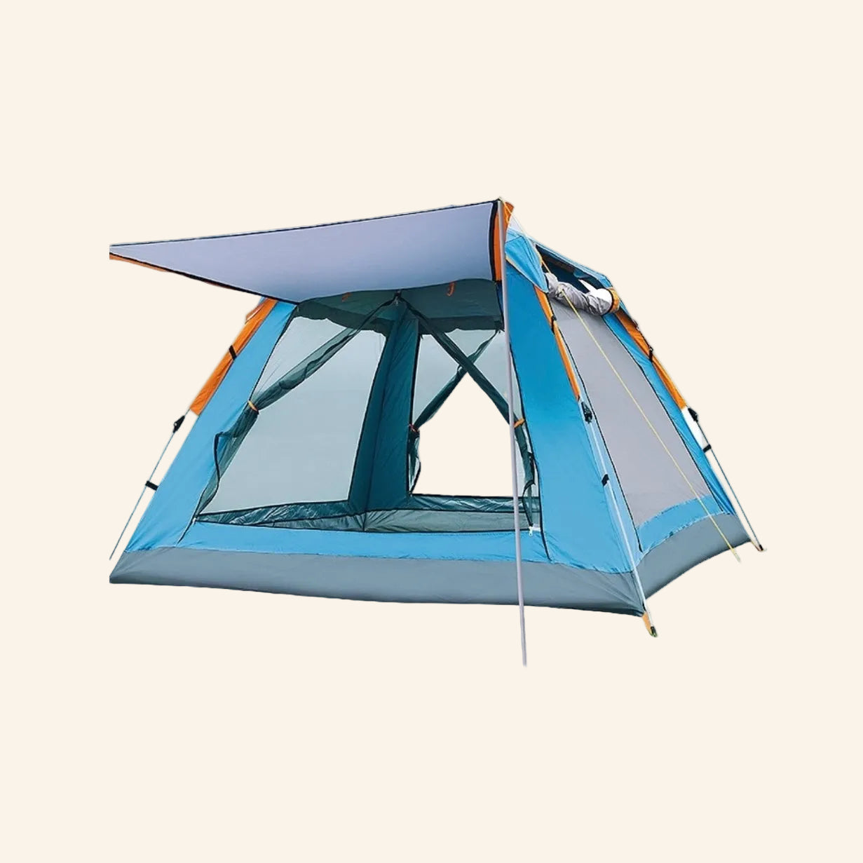 Blue and gray camping tent with an open front