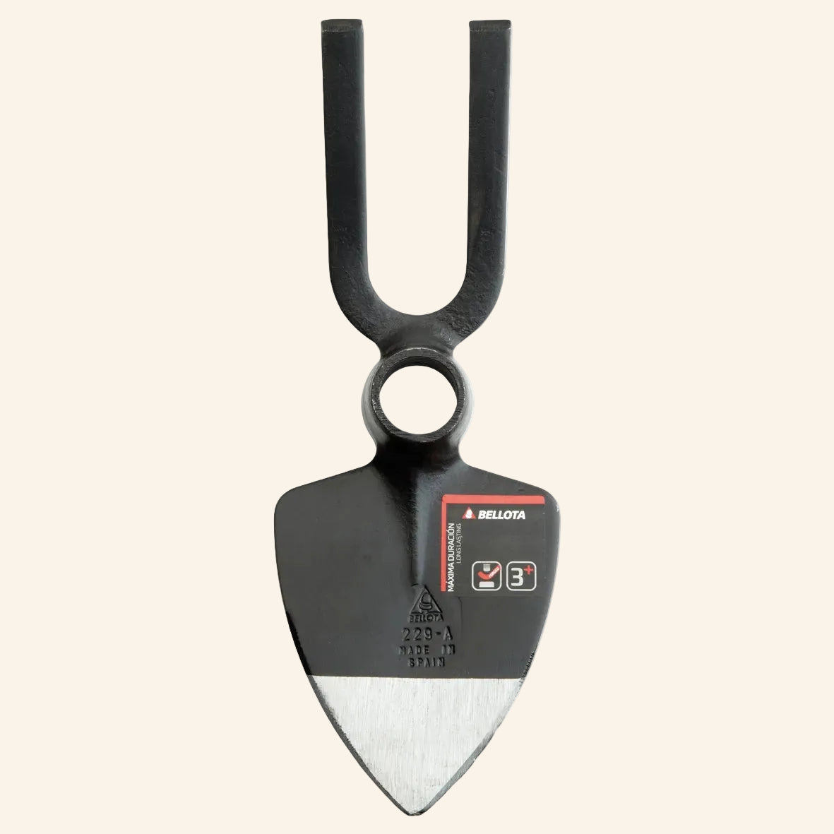 Black gardening tool with a silver blade on a white background