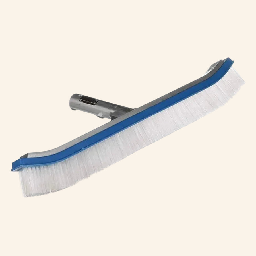 Cleaning brush with white bristles and blue border