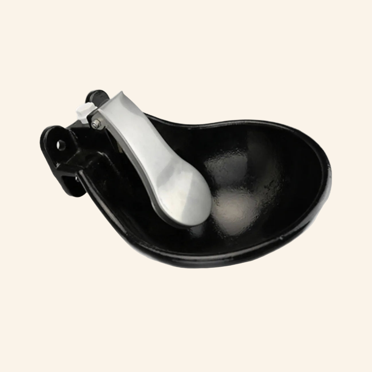 Black plastic bowl with a white handle