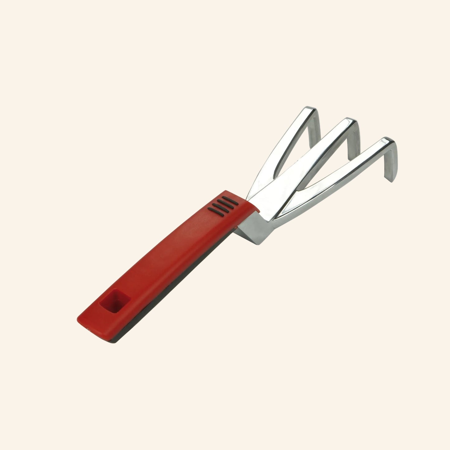 Gardening tool with red handle and silver metal prongs