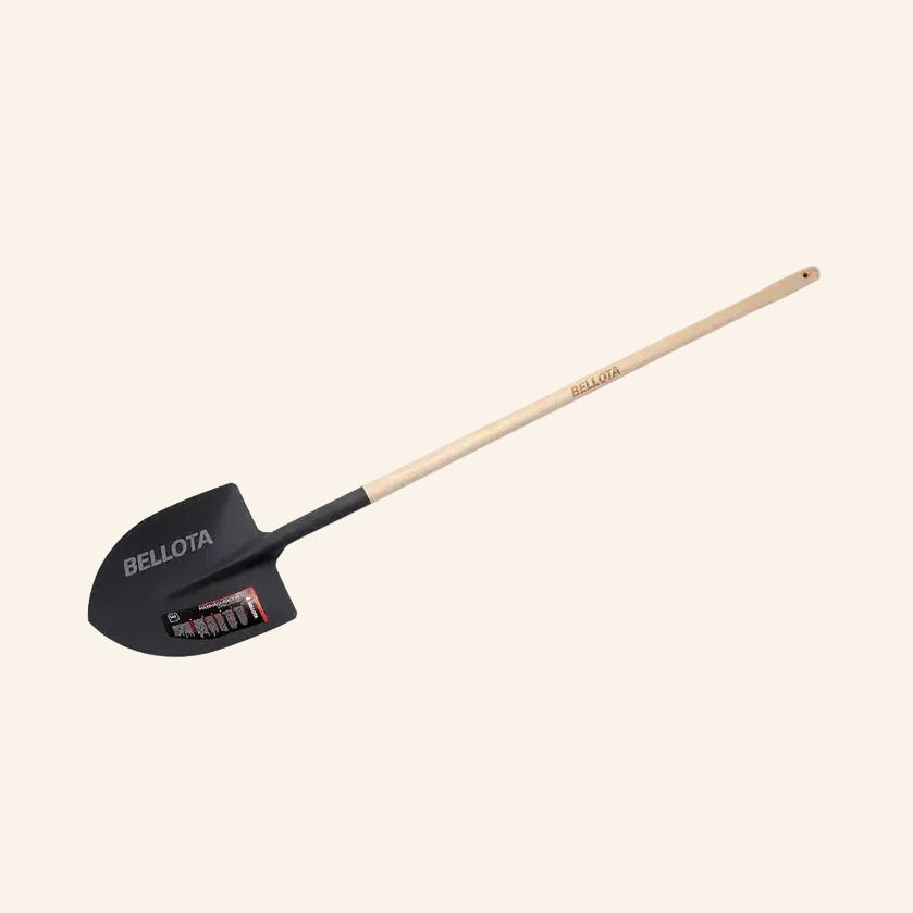 Black gardening shovel with wooden handle