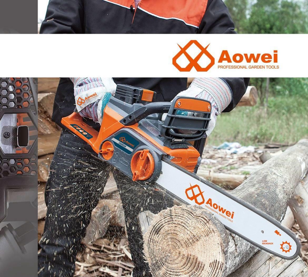 Person using a chainsaw with Aoweii branding in a forest setting