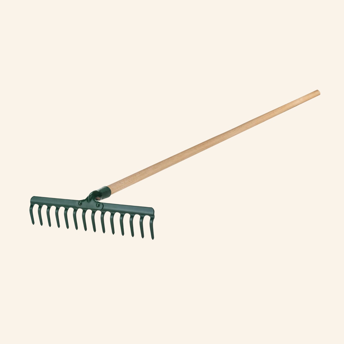 Garden rake with wooden handle on a white background