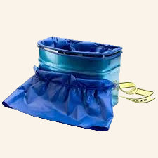 Blue ice pack with a strap on a white background