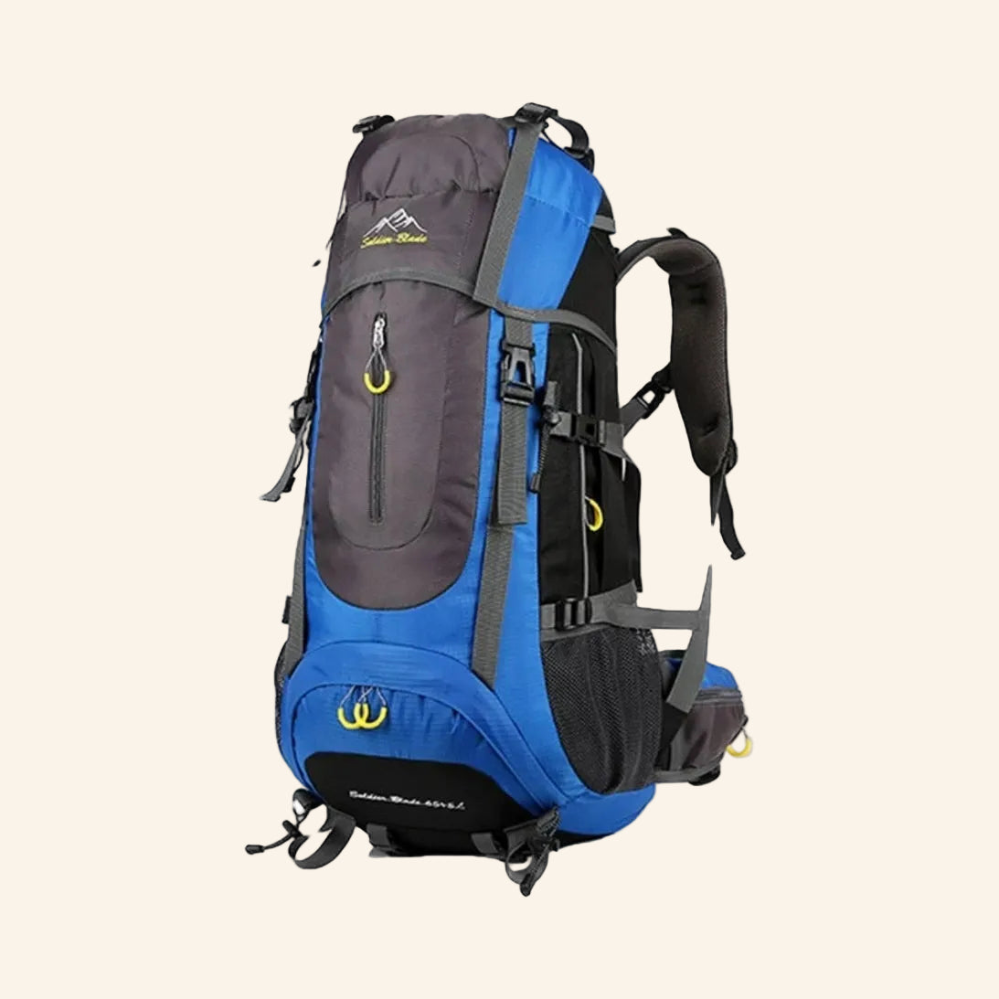 Blue and gray backpack on a white background