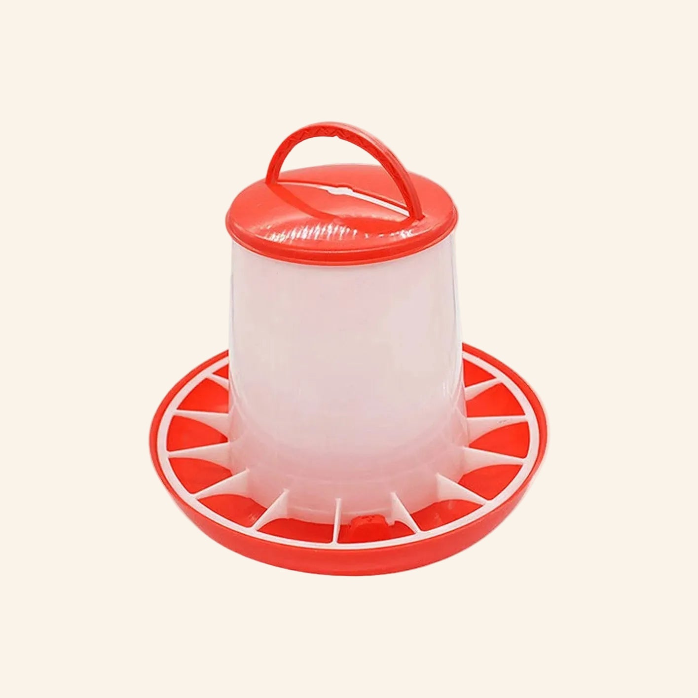 Red and white plastic poultry feeder 