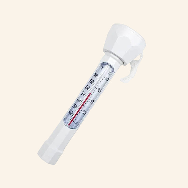 White thermometer with clear cylindrical body on a white background