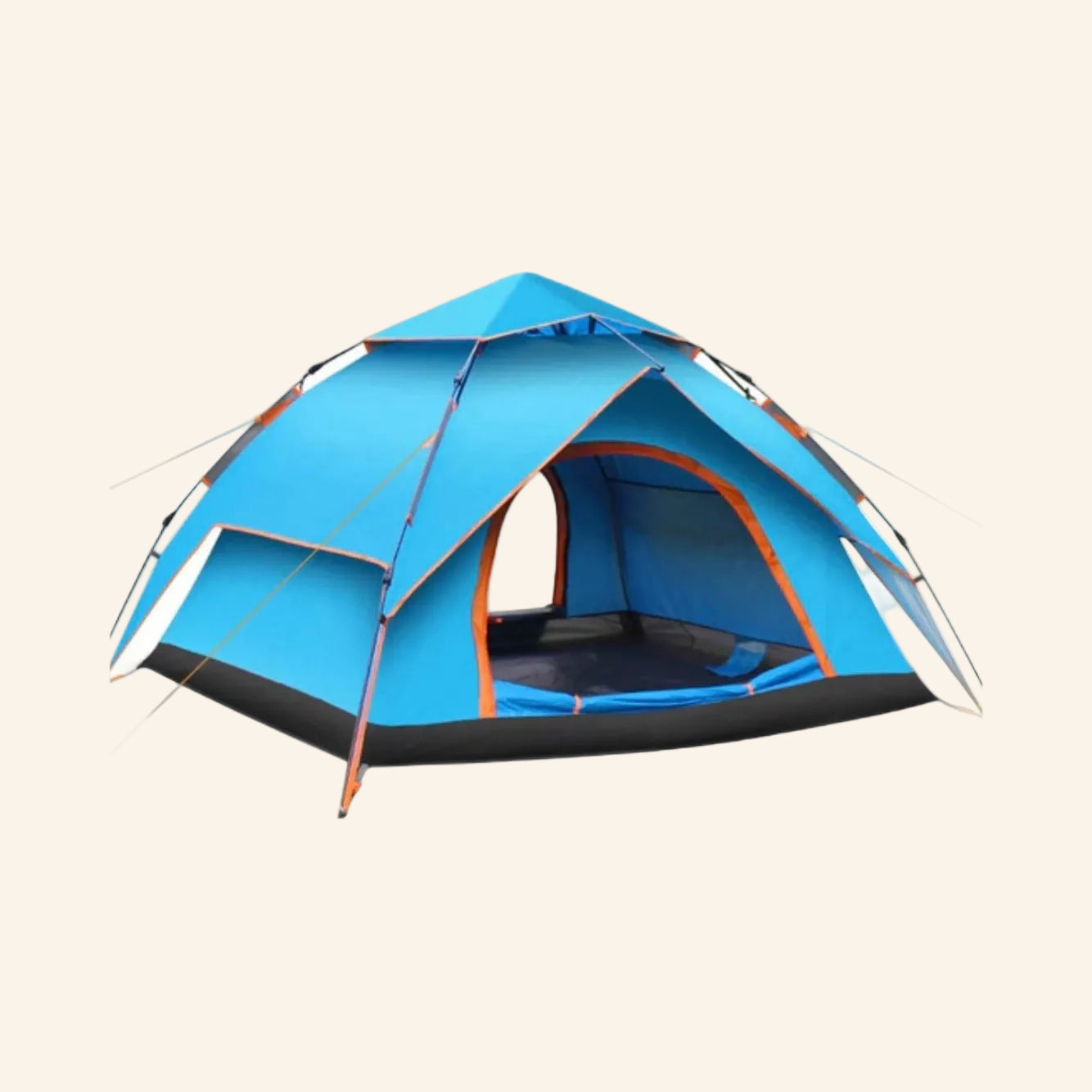 Blue camping tent with orange accents 
