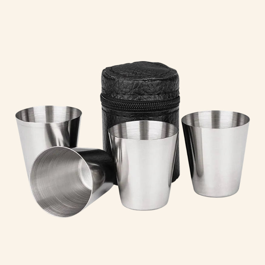 Set of stainless steel cups with a black carrying case 