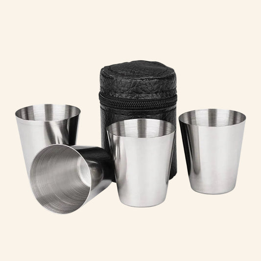 Set of stainless steel cups with a black carrying case 