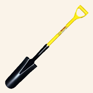 Black garden spade with yellow handle on a white background