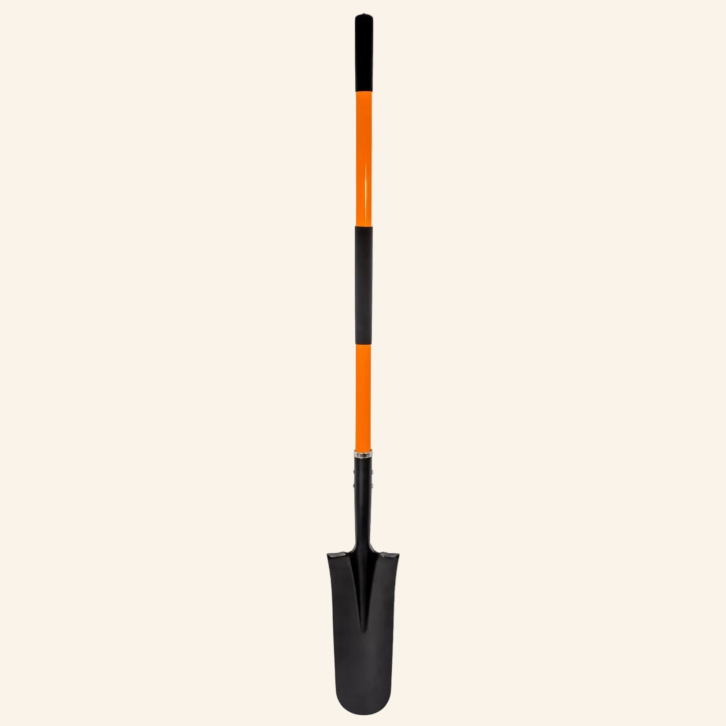 Black gardening shovel with an orange and black handle on a white background