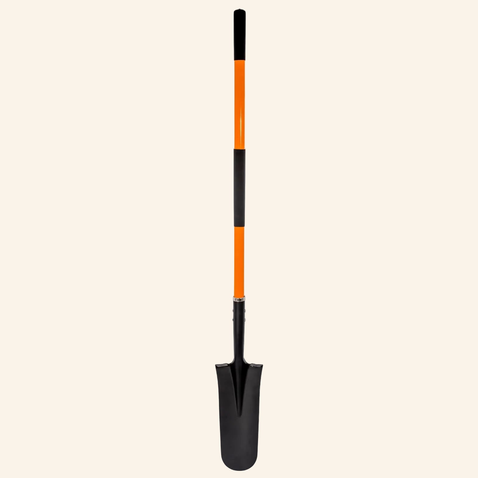 Black gardening shovel with an orange and black handle on a white background