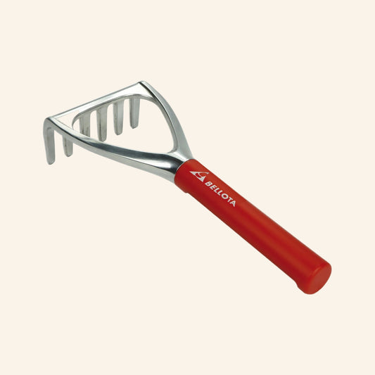 Metal garden rake with red handle