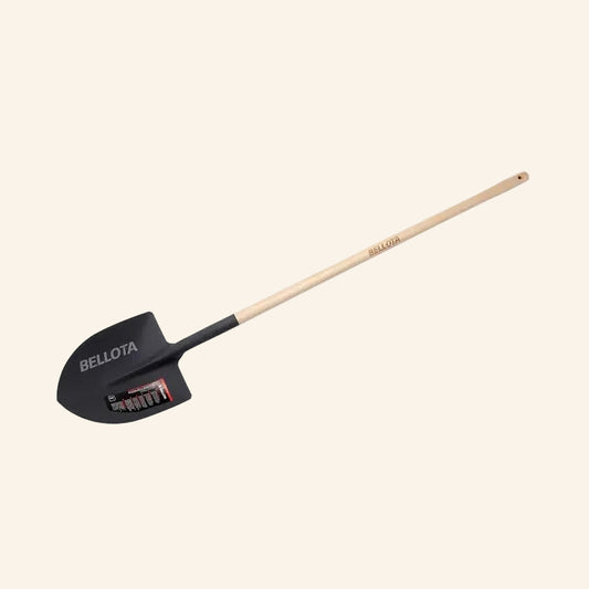 Black gardening shovel with wooden handle