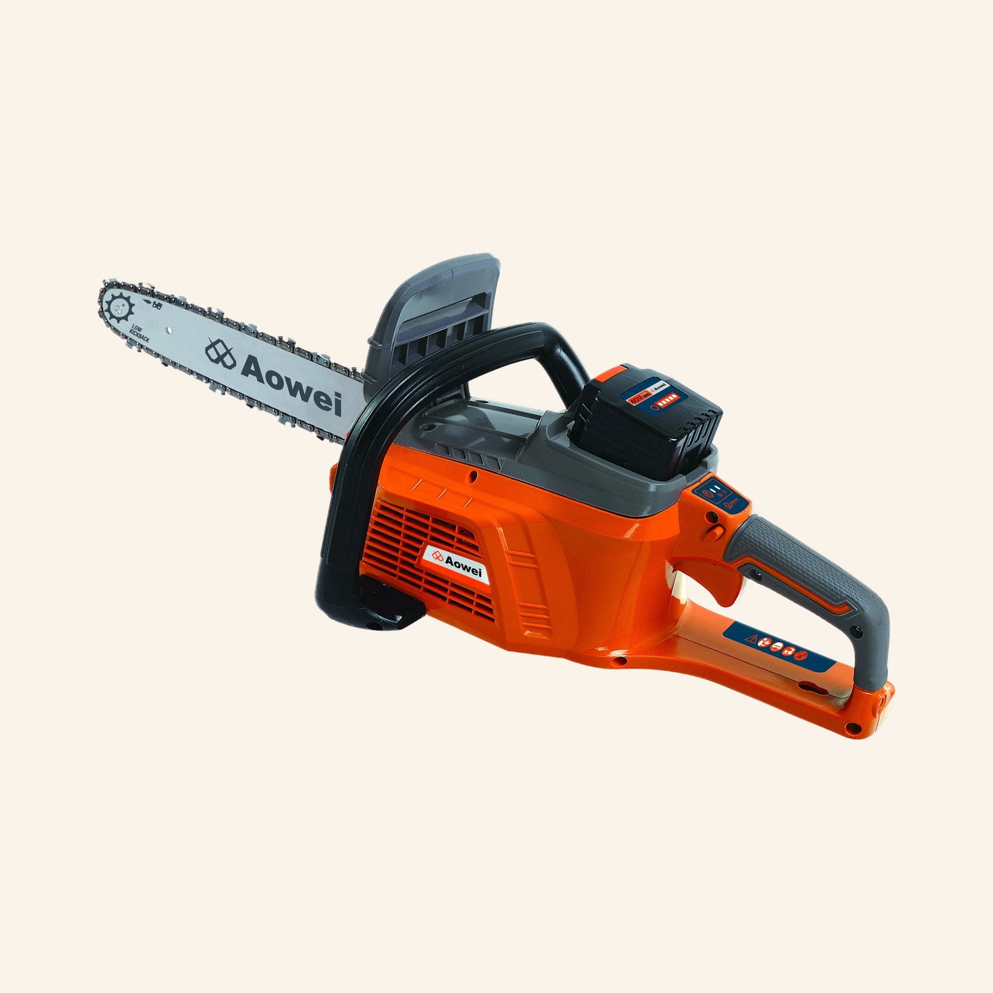Orange chainsaw with black handle on a white background, featuring the Aoweii brand.