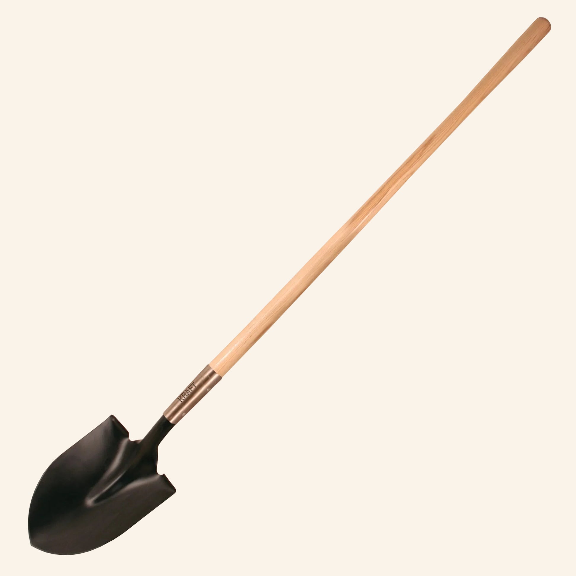 Black garden shovel with a wooden handle on a white background