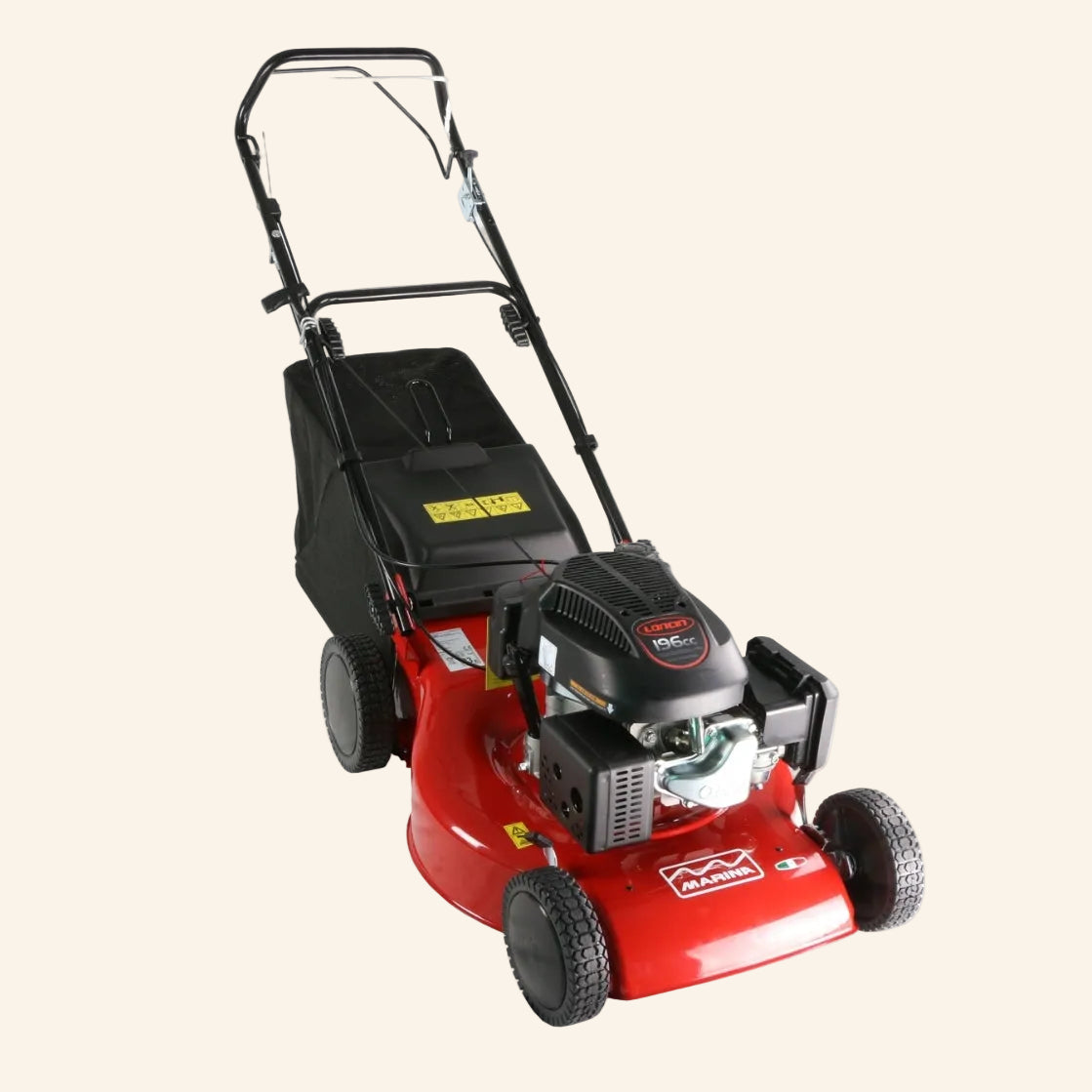 Red lawn mower with a black engine on a white background